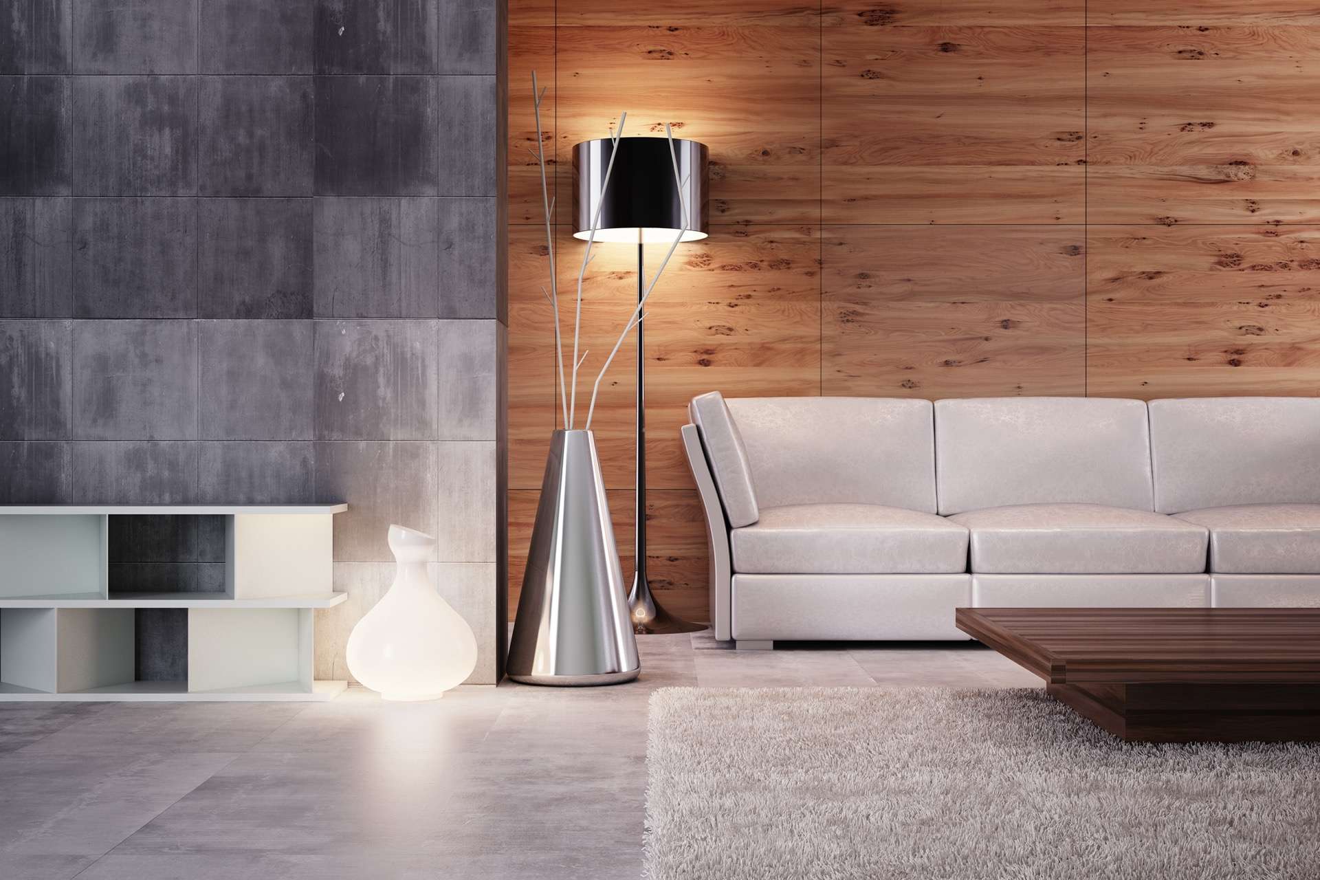 Moderne woonkamer met grote betonlook wandtegels en warme houtlook wandpanelen, designbank en minimalistische verlichting.