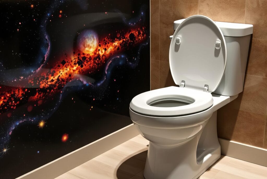 Wc met opvallende ruimte tegelwand, perfect voor een unieke en moderne toiletruimte. De wand is bekleed met kosmische tegels vol sterren en planeten, ideaal als inspiratie voor creatieve badkamertegels of originele wc tegel ideeën.