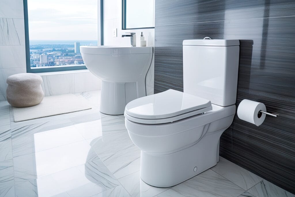 Luxe badkamer met modern toilet en bidet, marmeren vloertegels en grote ramen met uitzicht over de stad, inspiratie voor een stijlvolle en moderne wc-inrichting.