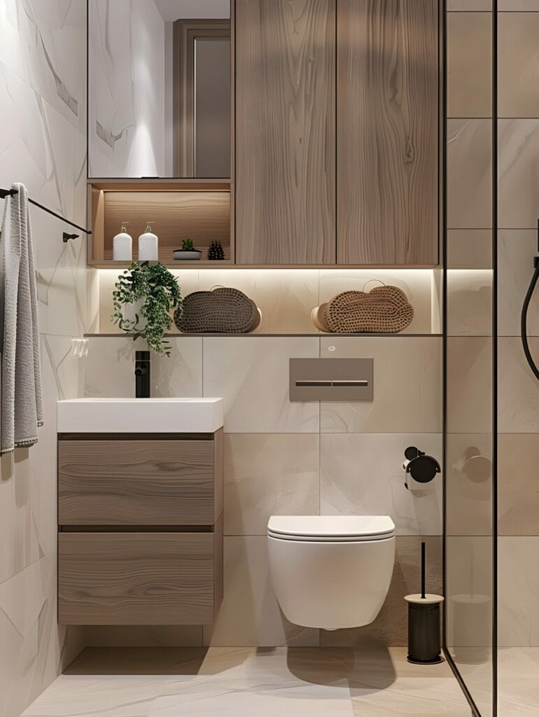 Luxe toilet met beige marmerlook wandtegels, zwevend toilet, houten badkamermeubel en ingebouwde opbergruimte, perfect voor moderne toiletruimtes.