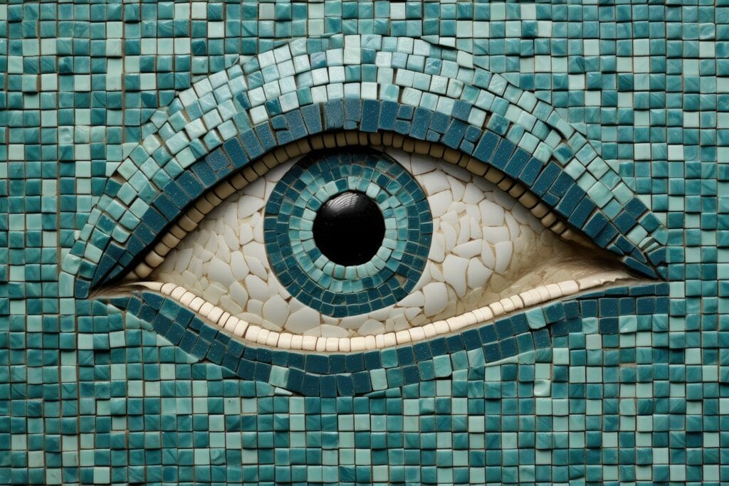 Kunstzinnig mozaïek van een oog in turquoise en witte mozaïektegels, inspiratie voor decoratieve mozaïektegels en creatieve wanddecoratie