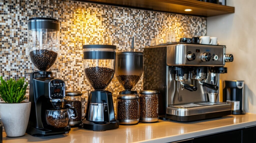 Luxe koffiehoek met mozaïek wandtegels in bruin en beige tinten. De mozaïektegels geven een stijlvolle uitstraling aan de keukenwand achter de espressomachine en koffiemolens. Perfect als achterwand in de keuken of barista corner, eenvoudig te combineren met moderne keukenapparatuur.