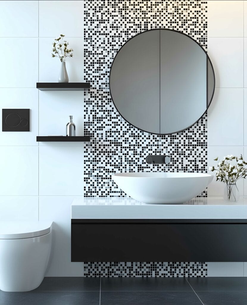 Stijlvol toilet met zwart-witte mozaïektegels, ronde spiegel, moderne wastafel en zwevend badkamermeubel. Ideaal als inspiratie voor een luxe en eigentijdse toiletruimte.