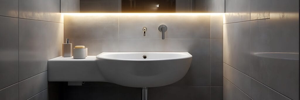 Stijlvolle toiletruimte met grote grijze wandtegels, modern wastafelmeubel en sfeervolle LED-verlichting, perfect als inspiratie voor een luxe wc of toilet.