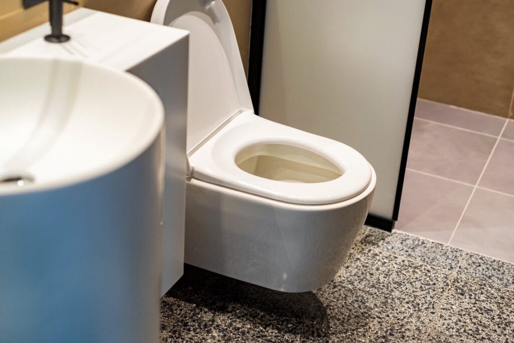 Toilet in een moderne toiletruimte met terrazzo vloertegels en een witte wasbak op de voorgrond.
