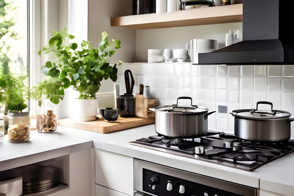Lichte keuken met witte vierkante wandtegels als keuken achterwand, perfect als keukentegels voor een frisse en moderne uitstraling. De glanzende wandtegels zijn eenvoudig te reinigen en combineren prachtig met het witte keukenblad en de moderne kookplaat. Ideaal voor iedereen die op zoek is naar hygiënische en stijlvolle wandtegels in de keuken.