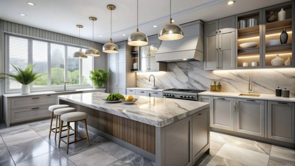 Luxe keuken met grote marmerlook vloertegels en een bijpassende marmeren keukenwand. De keukentegels geven de ruimte een exclusieve, moderne uitstraling en zijn perfect te combineren met grijze keukenmeubels en een kookeiland. Ideaal voor een stijlvolle, onderhoudsvriendelijke keuken.