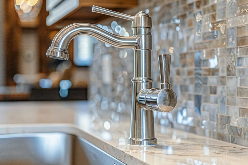 Luxe keuken met een moderne chromen keukenkraan en glanzende mozaïek tegels als achterwand. De glanzende keukenwandtegels reflecteren het licht prachtig en zijn ideaal als inspiratie voor keuken tegels, moderne mozaïektegels en luxe keuken ideeën.