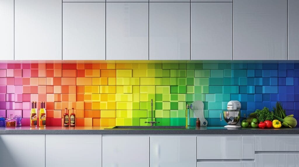 Keuken met opvallende wand van kleurrijke 3D tegels in regenboogkleuren, perfect als moderne keuken tegels en design wandtegels voor een unieke en levendige uitstraling in de keuken. Ideaal voor inspiratie met gekleurde tegels en moderne tegeltrends.