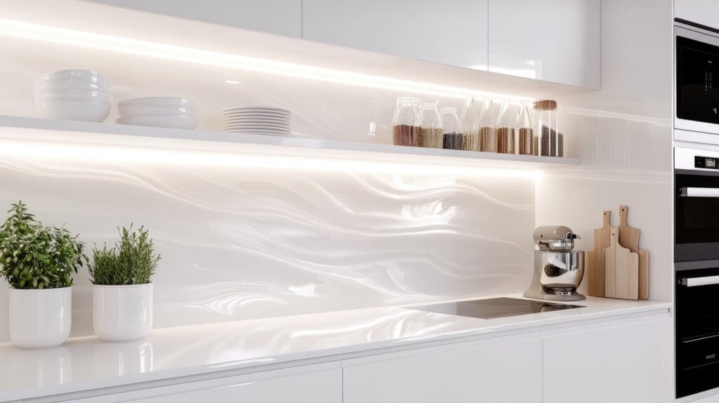 Moderne keuken met glanzende witte wandtegels in een golvend patroon als achterwand. De keramische tegels geven een strakke, luxe uitstraling en zijn ideaal als keuken tegels door hun onderhoudsvriendelijke en hygiënische eigenschappen. Perfect voor een minimalistische en moderne keukeninrichting.