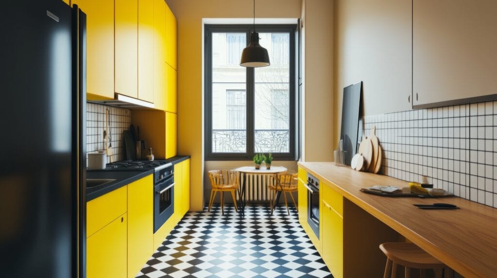 Keuken met opvallende zwart-wit geblokte vloertegels en witte wandtegels in rasterpatroon, ideaal voor liefhebbers van moderne keukentegels of klassieke patroontegels. De keramische tegels zorgen voor een tijdloze uitstraling en zijn eenvoudig te onderhouden. Perfect voor een stijlvolle keukeninrichting.