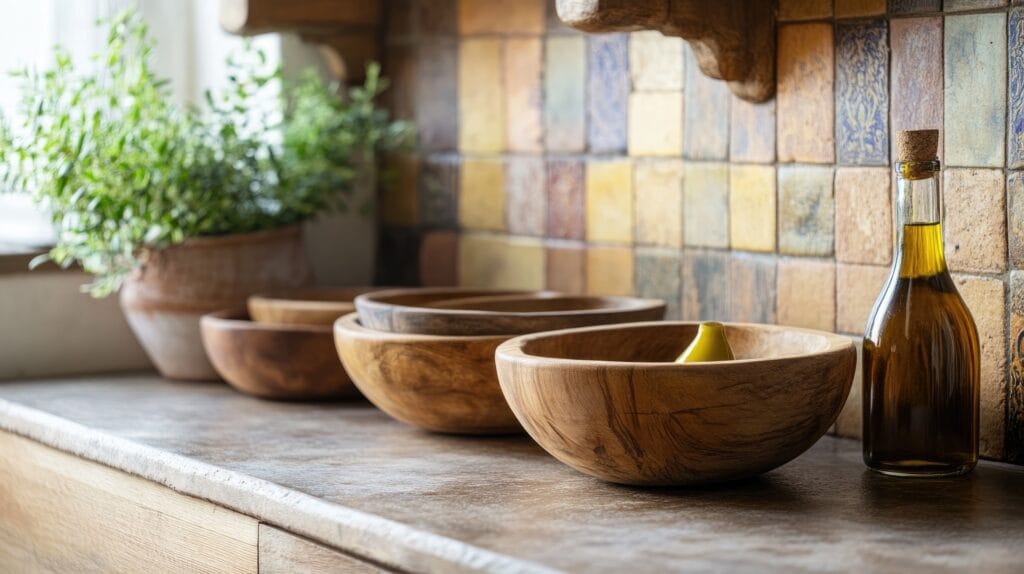 Landelijke keuken met rustieke, handgemaakte keukentegels in warme mediterrane kleuren als achterwand. De keramische tegels geven de keuken een authentieke sfeer en zijn perfect voor wie zoekt naar unieke wandtegels voor een landelijke of mediterrane keukenstijl.